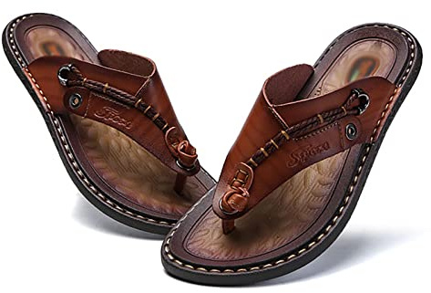 Herren Leder Flip Flops Sandalen Zehentrenner Strand Sandalen Sommer Hausschuhe Badelatschen mit rutschfest Gummisohle(Size:43 EU,Color:Braun)