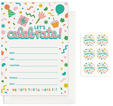 Rileys & Co. 50 Party Invitation Cards with Envelopes and Bonus Stickers, Kids Birthday Invitations for Boys and Girls with Cute Graphics and Paper, 7x5 Inches (17 x 13 cm)