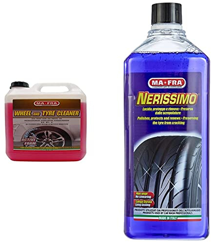Ma-Fra, Pulitore Gomme, Detergente per Cerchi Pneumatici Auto, 4500ml & Nerissimo, Nero gomme Liquido Concetrato ad Alto Potere Coprente, Protegge, Ravviva e Preserva Il Colore Senza Ungere, 1000ml