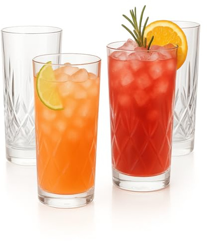 LEMONSODA Premium 12oz Highball Glass, for Water, Juices, cocktails - Set of 4 - Crystal Cut Glasses – Elegant Textured Tom Collins Glassware Set - Premium Packaging