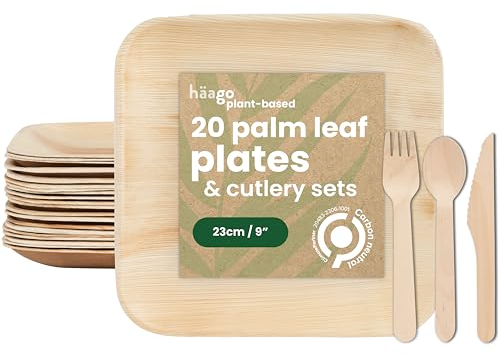 HAAGO 80 Pcs Vaisselle Jetable en Feuille de Palmier - Disposable Plates & Cutlery, comme Assiettes Bambou - 20 Assiettes et 60 Couverts, Biodégradable & Compostable - Vaisselle Jetable comme Bambou