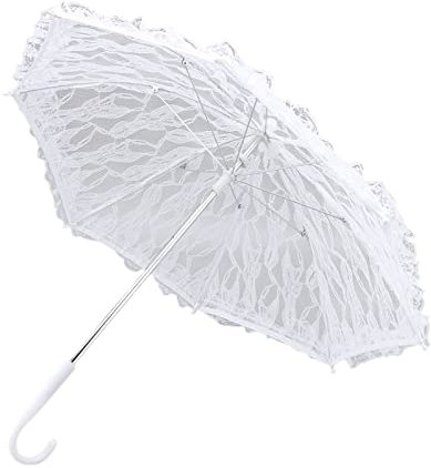 JYCRA Vitt Spetsparaply,Vintage Bröllopsspetsparasoll,Elegant Brudduschparaply med J-handtag,minidansdekorationsparaply