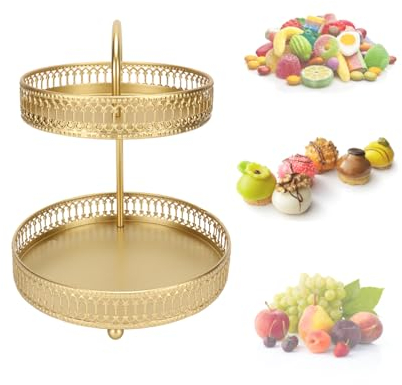 Dorado redondo soporte para tartas y postre, expositor para tartas – Lote de 2 placas de exhibición vintage para cupcakes, platos de caramelos para fiestas, fiestas de cumpleaños, postre, té de la