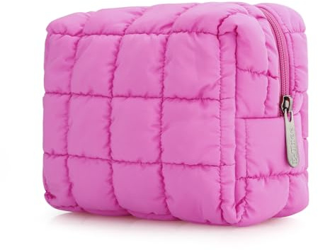 E-Tree Cute Makeup Bag,Quilted Cosmetic Bag,Make up Pouch for Purse,Toiletry Zipper Pouch,Checkered Bag,Travel Case,Storage Pouches for Organization (Hot Pink)