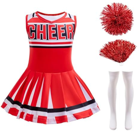 Lito Angels Vestito Costume Uniforme da Cheerleader con Pon Pon e Calzini per Bambina Taglia 7-8 anni, Rossa