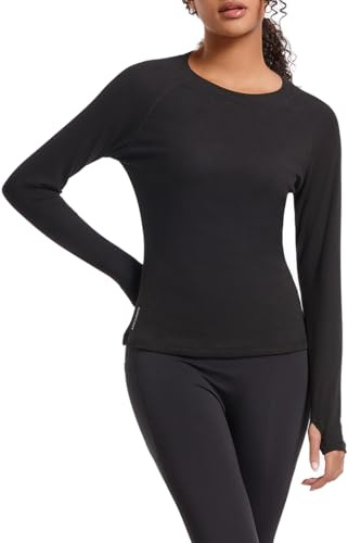 SURFEASY Thermal Tops Womens Fleece Lined Base Layer Top Undershirt Ladies Long Sleeve Underwear Soft Winter Warm Casual Fashion Shirt(Black,L)