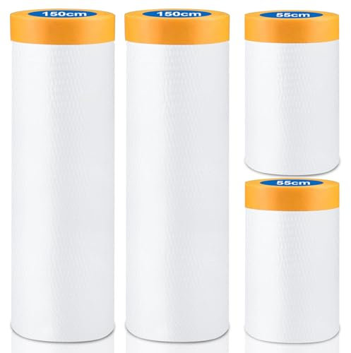 80m-4Rollen Abdeckfolie mit Klebeband,Malerfolie,2Größen Abklebeband mit Folie（150cm*20m,55cm*20m）,Abdeckplane Malerarbeiten,Masking Master mit Goldband,Tape Malerkrepp zum Staubschutz (80m/2Größen)
