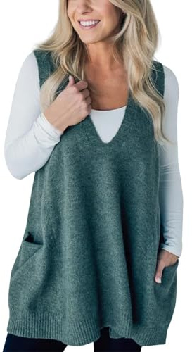 Pull à poche pour femme sans manches col en V en tricot ample décontracté flatteur haut tunique long gilet en duvet pour femme, Vert, L
