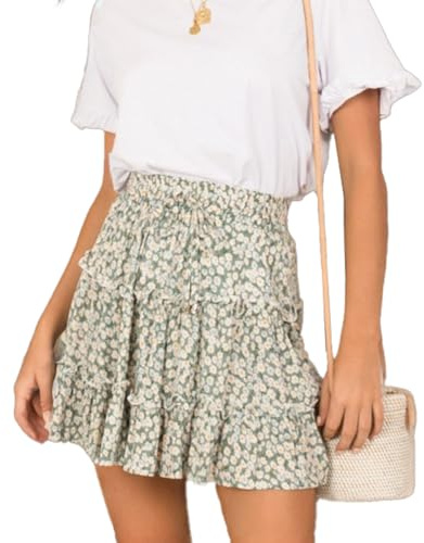 EMOTTOS Womens Flared Short Skirt, Boho High Waist Elasticated Floral Print Pleated Mini Skater Skirt with Drawstring, Bohemia Ruffle Hem Floaty Floral Skirt for Ladies, Yellow/Green/Red, S-L