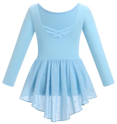 Vêtements de Ballet pour Enfants Robe Leotard Danse Justaucorps Jupe à Paillettes Deux Pièces Manches Longues Ballerines Fille Bleu 130cm