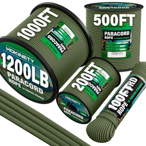 HOKINETY 1200lb Paracord Rope - 4.4mm 14 Strand Nylon Survival Parachute para Cord Lanyard for Camping Outdoor Utility Tent Crafting DIY Projects Fishing Clothsline Bracelet - ArmyGreen 50FT