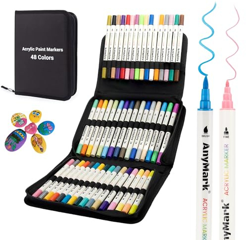 AnyMark 48 Colori Pennarelli Acrilici, Doppia Punta Pennello e Fine, Marker Acrilici per Pietra, Legno, Vetro, Calligrafia, Pittura su Roccia e Fai-da-te