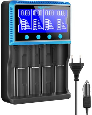 Keenstone Chargeur Accu 18650, Chargeur de Piles Rechargeable Universel pour 26650 10440 14500 16340 26500 IMR Li-ION Ni-MH Ni-CD LiFePO4 AA AAA, Grand Ecran, Emplacement Indépendant