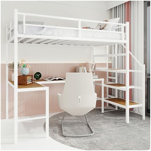 Wyibwy Cama alta de metal 90 x 190 cm, con escritorio, escalera con amplio espacio de almacenamiento y compartimentos, barandilla de seguridad, color blanco (sin colchón)