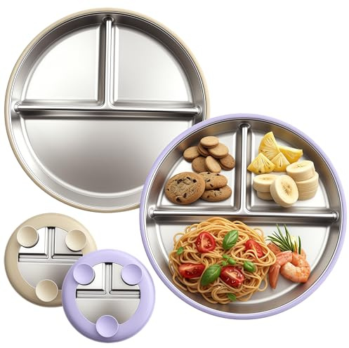 SENLINLIN Piatto Bambino con Ventosa Set 2 Pezzi, Piatto Diviso in Acciaio Inox Antiscivolo, Senza BPA, Base in Silicone Rimovibile, Lavabile in Lavastoviglie, Ideale per Autosvezzamento