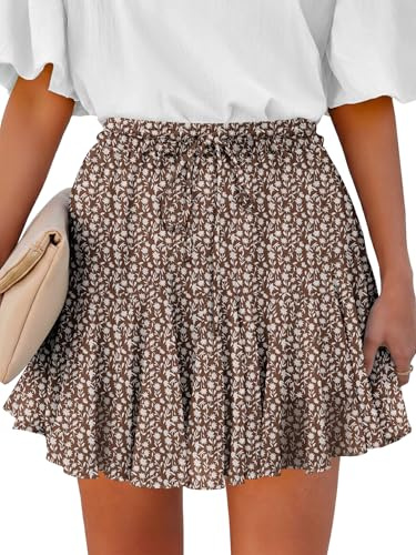 Caracilia Flowy Skorts for Women Summer High Waist Ruffle Pleated Boho Mini Skirts 2026 Casual Chiffon Beach Short Skirt Brown Floral Medium