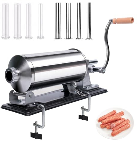 3 L Wurstfüller Manuell, Edelstahl Wurstmaschine mit 8 Füllschläuchen, Horizontale Fleischfüllmaschine für den Privaten und Gewerblichen Gebrauch