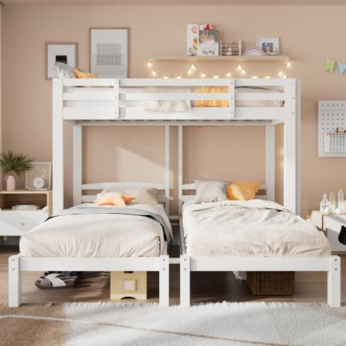 Litera para niños de 3 plazas, litera para niños de 90 x 200 cm, cama alta para 3 personas, cama alta para niños, cama alta ahorra espacio con escalera lateral de seguridad, madera maciza, color