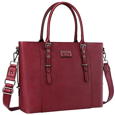 MOSISO Laptop Tote Bag (15-16 inch), PU Leather Shoulder Briefcase Handbag Compatible with MacBook & Notebook Large Capacity with Padded Compartment, Wine Red