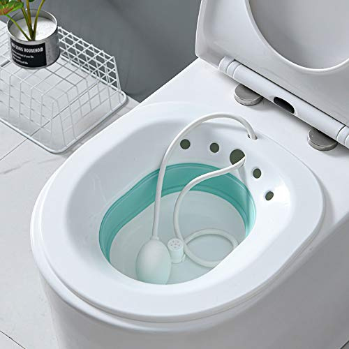 Sitz Bath for Toilet Seat,Foldable Sitz Bath,Sitz Bath Foldable with Flusher,Sitz Bath Over the Toilet,for Hemorrhoids and Perineum Treatment,Alleviate Vaginal or Anal Inflammation (White&Blue)
