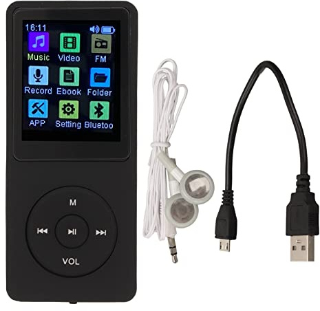 ASHATA Digital Musikspelare, Bärbar Digital Förlustfri Musik MP3 MP4-spelare för Barn, Ultratunn MP3 MP4-spelare med Tillbehör, Röstinspelning FM-radio Fotovisare 1,8 Tums LCD, Stöd för Litet(Svart)