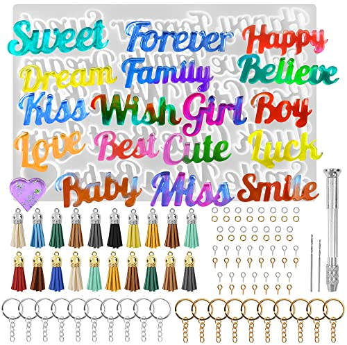 104 Stück Alphabet-Harz-Schlüsselanhänger-Formen, AFUNTA Silikon-Buchstabenformen, Schlüsselanhänger-Formen für Epoxidharz mit Zubehör, Ornament-Formen für DIY-Schlüsselanhänger, Basteln