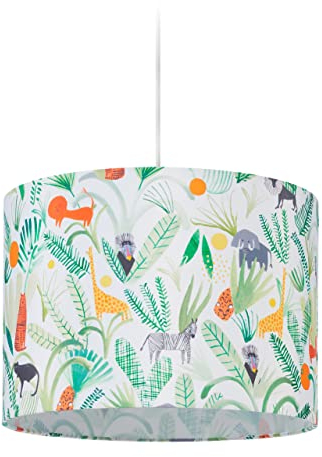 Relaxdays Hängelampe Kinderzimmer, Lampenschirm mit Dschungel-Motiv, HxD: 140x35 cm, E27, Pendelleuchte für Kinder, bunt