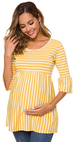 Love2Mi Women Maternity Blouse A Line Pregnancy Shirt 3/4 Bell-Sleeve Striped Maternity Clothes