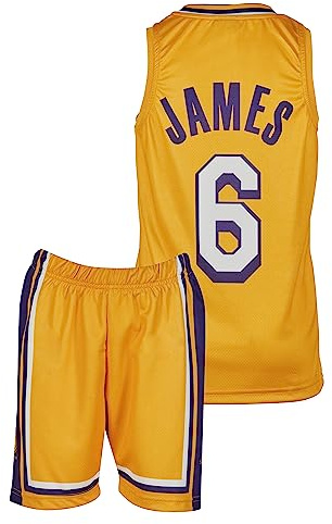 Amdrabola Lakers Lebron James basketboll barn jersey byggsats, vit, lila, svart, gul, kommer med shorts basketfans (4–13 år)
