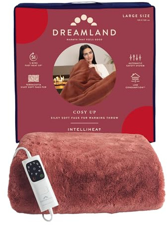 Dreamland Cosy Up Electric Blanket – Heated Throw - Terracotta, Fast heating, Luxury Silky Soft Faux Fur for Bed and Sofa, Fast Heating, Machine Washable, Detachable Control, auto timer, 160 x 120cm