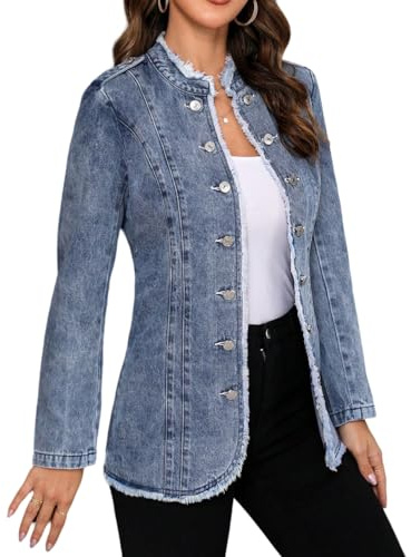 Giacca di jeans da donna Slim Fit con orlo sfilacciato a maniche lunghe Blazer Jean Giacche Cappotto, Azzurro chiaro, Medium
