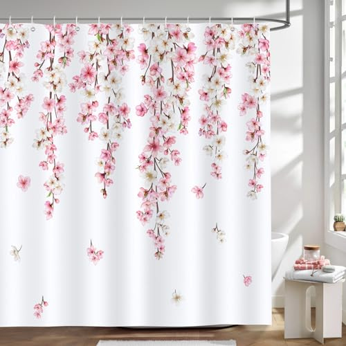 Bonhause Cortina de Ducha Rosa Flores de Cerezo Románticas Sakura Cortina de Baño de Poliéster Impermeable Antimoho Lavable Cortina Ducha 180 x 180 cm con 12 Ganchos