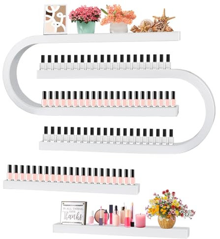 U forma Scaffali Porta Smalti per Unghie Montati Parete Metallo, Kalolary Espositore Bianco Vetrina per Cosmetici Rossetto Profumo Mensola a muro Organizzatore Oli Essenziali Casa Spa Nail Salon Shop