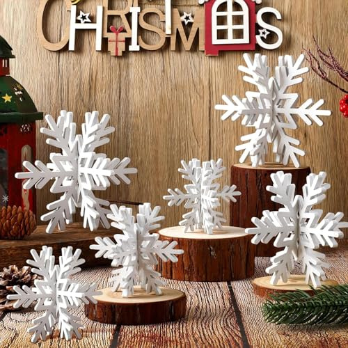 KAHEIGN 24Pcs Christmas Wooden Snowflakes, 3D Winter Snowflake Signs Snowflake Wood Blocks Centerpiece for Xmas Wonderland Party Home Table Winter Holiday Decor (8CM /11CM /14CM)
