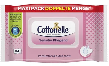 Cottonelle Feuchtes Toilettenpapier, Sensitive Pflegend - Parfümfrei, Biologisch Abbaubar, Plastikfrei, Wiederverschließbar, 1 x 84 Feuchttücher (Einzelpack)