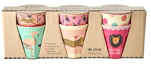 ReWu Rice Melamin Becher - Pink Jungle Print - 6er-Set Becherset Kinderbecher Campingbecher Campinggeschirr Trinkbecher Melamingeschirr Bruchsicher BPA-frei Einfarbig 160ml