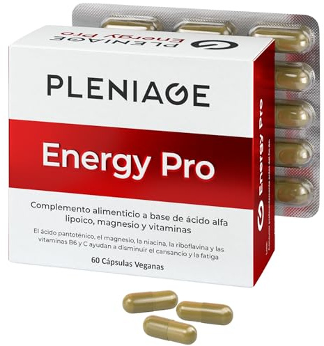Magnesio, Citrato de magnesio con Acido Alfa Lipoico, Vitamina C, E y grupo B con Biotina, Vitaminas para el cansancio, Fabricado en España, Cápsulas Veganas y Sin Gluten - Pleniage Energy Pro