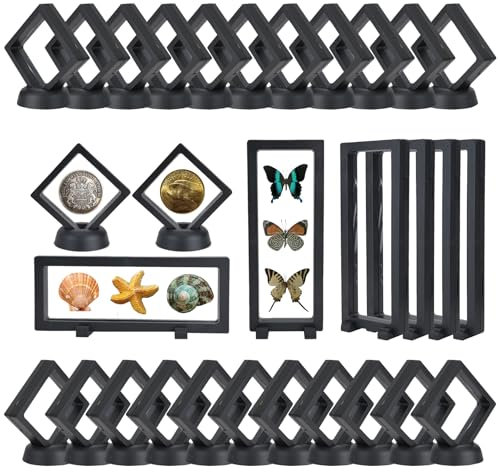 MAOMUN 30 Pièces Cadre Flottant Cadre 3D, Cadre Vitrine Cadre Transparent Presentoir Bijoux avec Base, Noir Presentoir Bijoux pour Monnaie Bijoux Coquillages Roches Spécimens Épingles Cristal