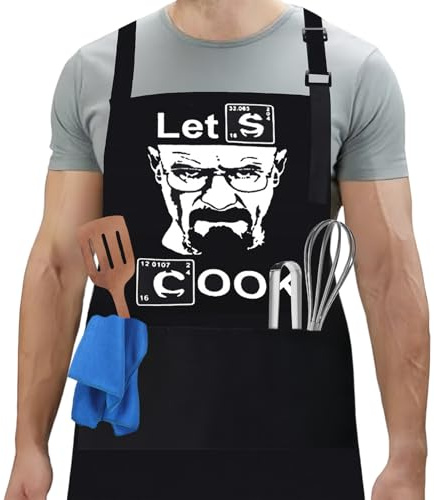 flintronic Delantales de Barbacoa para Hombre, Delantales de Cocina con Correa para el Cuello Ajustable, Impermeable Chef Delantal con 3 Bolsillos, Delantal de Trabajo Práctico para Cocina, Jardinero