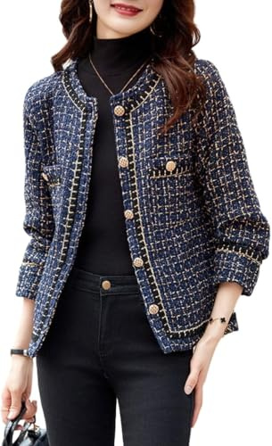 Veste à Carreaux décontractée en Tweed élégant pour Femme Blazer à Carreaux de Poche élégant et Formel Cardigan Costume Formel en Tweed