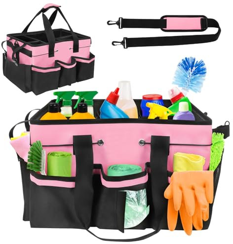 Yallmie Cestino Porta Attrezzi, 40x27,5x23,5cm Contenitore Organizer per La Pulizia con 5 Tasche, Manici e Tracolla, Borsa per La Pulizia Pieghevole Cesta Porta Prodotti Pulizia per Casa (Rosa)