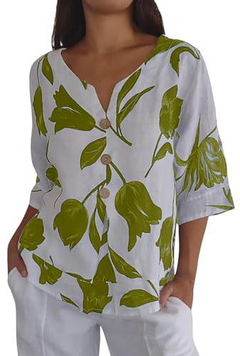 Womens Linen Tops Size 14 UK Size 12 Silk Work Blouse Deals Womens Cotton Linen Tshirt Top Summer Casual Gifts Fit Blouse Tunic Floral Print Button Tee Short Sleeve Top (01-C-Green, M)