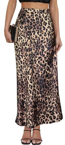 Women's Leopard Print Satin Maxi Skirt High Waisted Elastic Waistband Silk A-Line Casual Party 2025 Summer Long Skirts