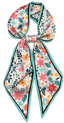 Deokke Foulard à cheveux en soie - Longue et fine - En satin - Tendance - Décoration mignonne - Pour femmes et filles - 150 x 17 cm, O-6-marron, taille unique (I8-Fleur rouge)