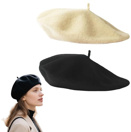 Chapeau Béret Français, 2 Pièces Béret en Laine pour Adulte Style Français, Chapeau Thème Déguisement, Style Vintage pour l'extérieur, Casquette d' Artiste Femme(Noir, Beige)