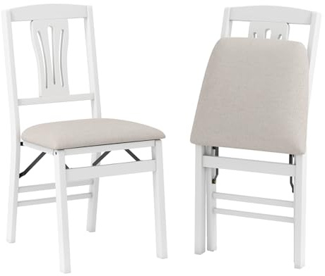 COSTWAY Folding Chairs Set of 2, Rubber Wood Counter Dining Chairs with Backrest & Padded Seat, Kitchen Office Conference Side Chair Seating (Linen Fabric Seat, Hollow Pattern Back, Beige + White)
