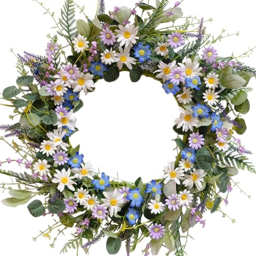 CIR OASES 22 Inches Spring Wreaths for Front Door Blue Spring Door Wreath Summer Floral Wreath with Wildflower Lanvender for Wall Porch Indoors Outdoor Window Home Farmhouse Decorations