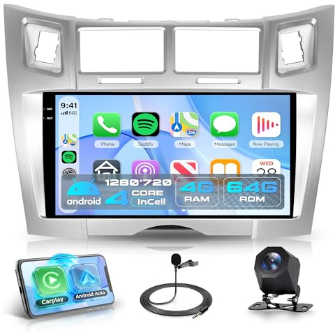 4G+64G Android Autoradio per Toyota Yaris/Vizi 2005-2011 Wireless Carplay Android Auto 9 Pollici Incell Touchscreen Radio con GPS Navi WiFi Mirror Link Bluetooth FM/RDS/EQ/SWC Telecamera Posteriore
