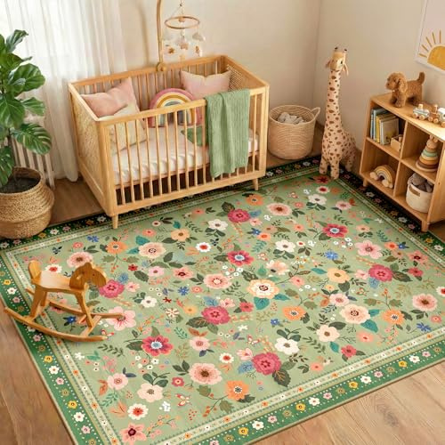INOVADAY Tappeto Lavabile 90x150 cm, Stile Boho, Pelo Corto, Antiscivolo, Design Stampa Floreale, per Soggiorno, Camera da Letto, Sala da Pranzo, Ufficio, Camera dei Bambini, Verde Chiaro