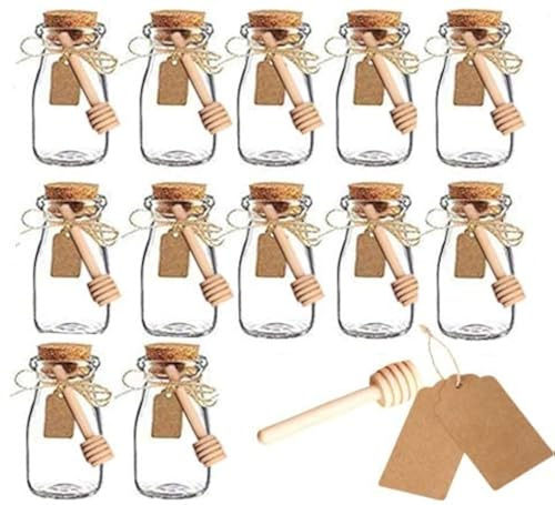 Amajoy Confezione da 12 barattoli in vetro con coperchio in sughero, barattoli decorativi fai da te con miele, biglietto di accompagnatore e spago, bomboniera per bomboniere, bomboniere( 100 ml)